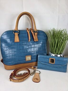 Dooney & Bourke Blue Croc-Embossed Satchel with Leather Trim Set Hand Bag 3pc